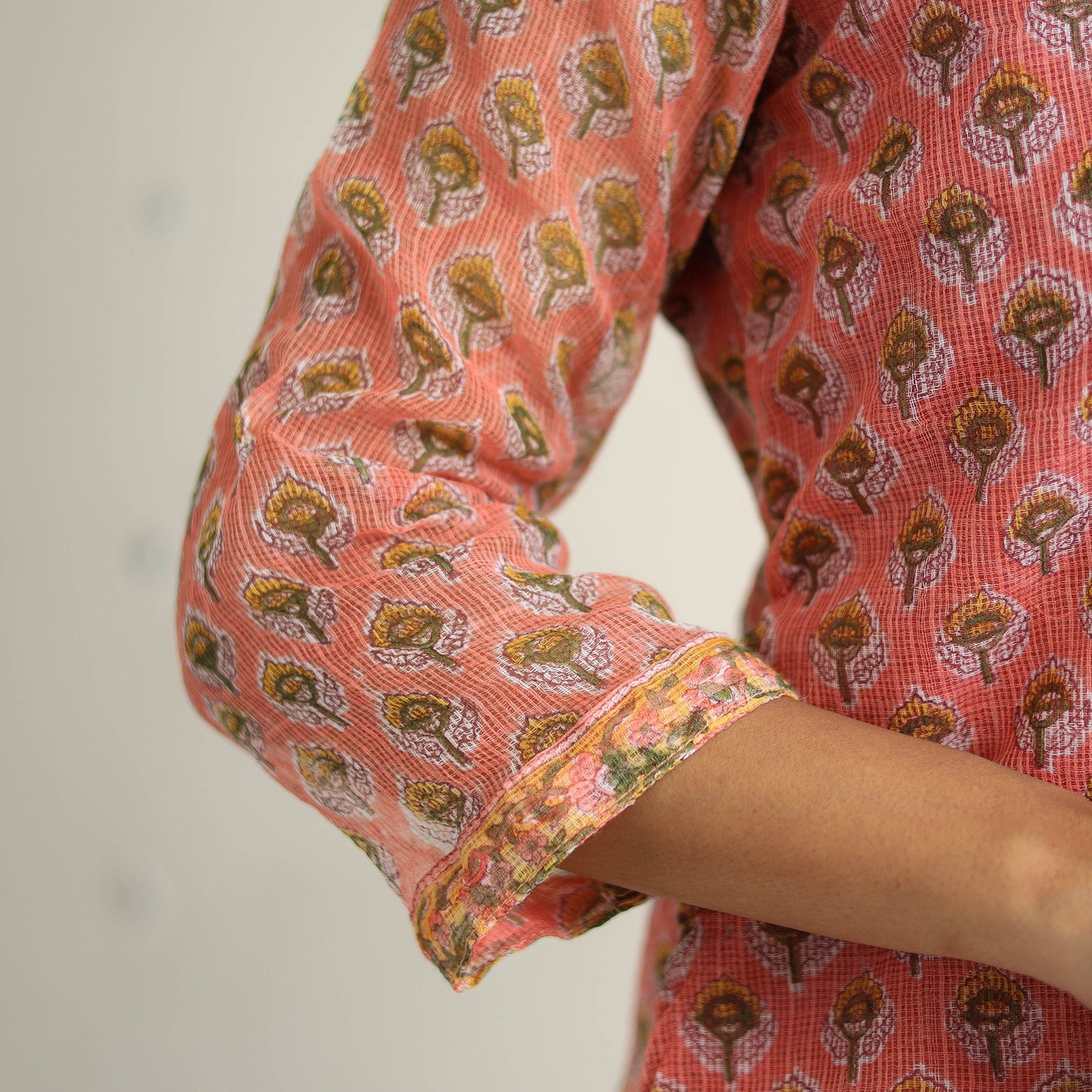 Peach Block Print Kota Doria Cotton Sanganeri Kurta Set (Set of 3) 
