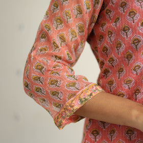 Peach Block Print Kota Doria Cotton Sanganeri Kurta Set (Set of 3) 