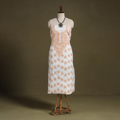 Peach Chikankari Tepchi Hand Embroidery Kota Cotton Kurta Material