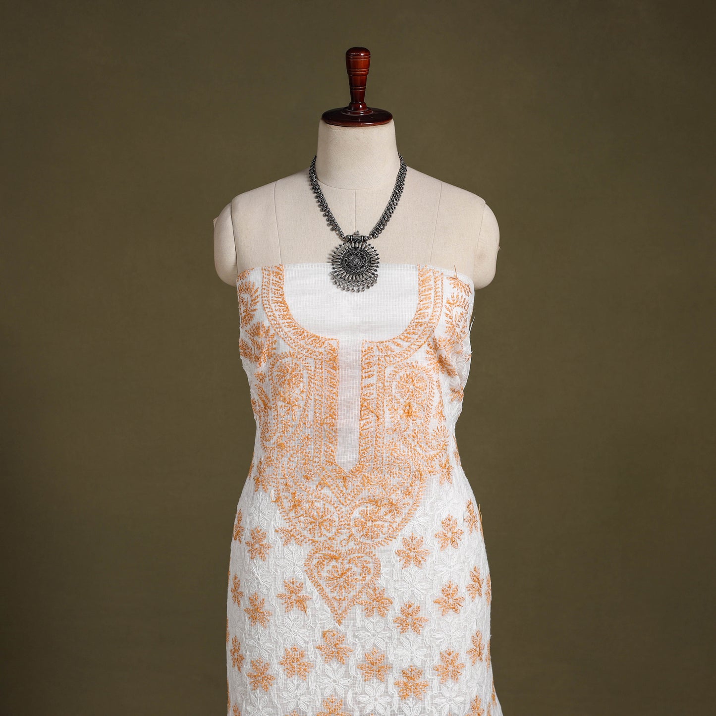 Peach Chikankari Tepchi Hand Embroidery Kota Cotton Kurta Material