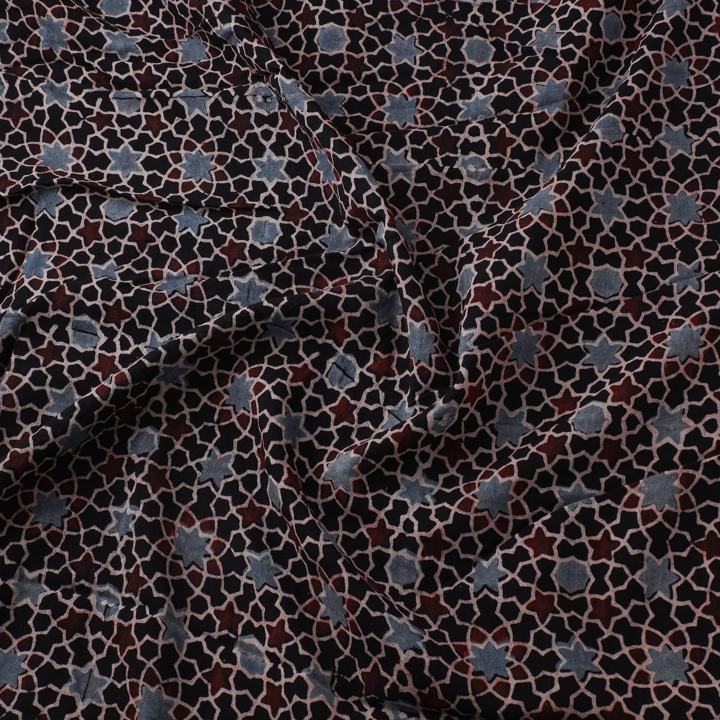 Black - Hand Block Ajrakh Print Natural Dyed Pure Mul Cotton Fabric 07