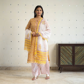 Yellow Block Print Kota Doria Cotton Sanganeri Kurta Set (Set of 3) 