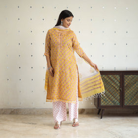 Yellow Block Print Kota Doria Cotton Sanganeri Kurta Set (Set of 3) 