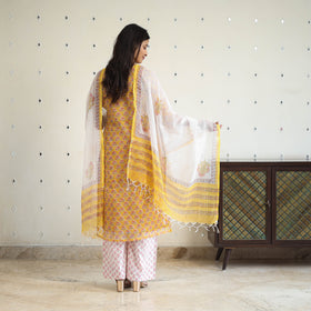 Yellow Block Print Kota Doria Cotton Sanganeri Kurta Set (Set of 3) 