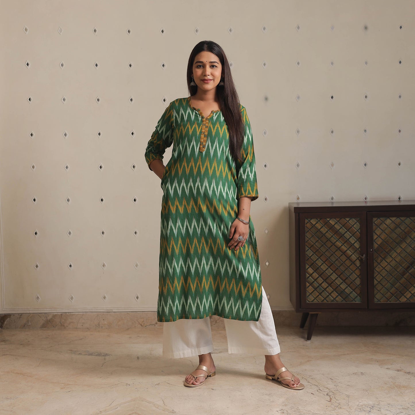 Green Yellow Pochampally Ikat Weave Cotton Long Kurta