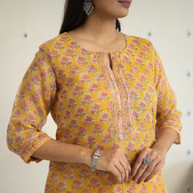 Yellow Block Print Kota Doria Cotton Sanganeri Kurta Set (Set of 3) 