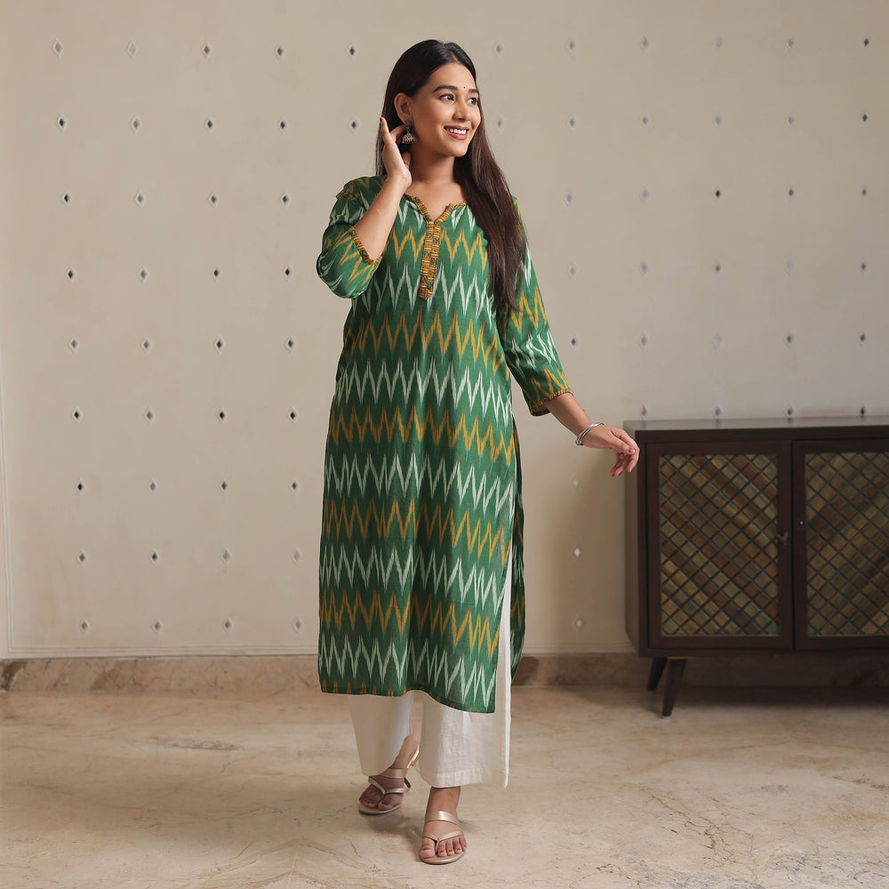 Green Yellow Pochampally Ikat Weave Cotton Long Kurta