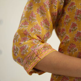 Yellow Block Print Kota Doria Cotton Sanganeri Kurta Set (Set of 3) 