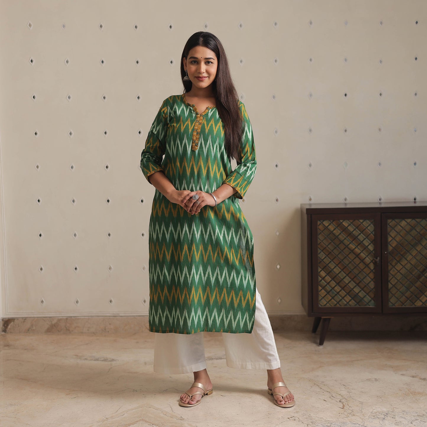 Green Yellow Pochampally Ikat Weave Cotton Long Kurta