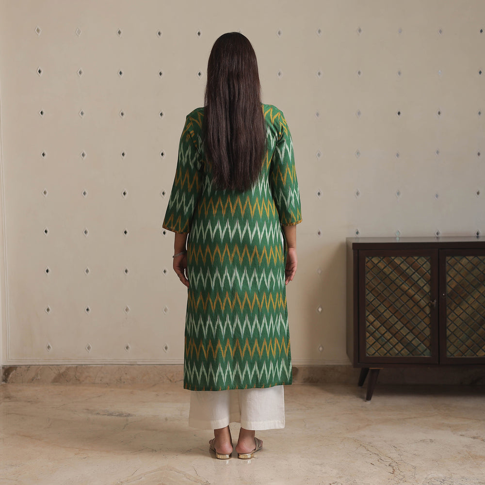 Green Yellow Pochampally Ikat Weave Cotton Long Kurta