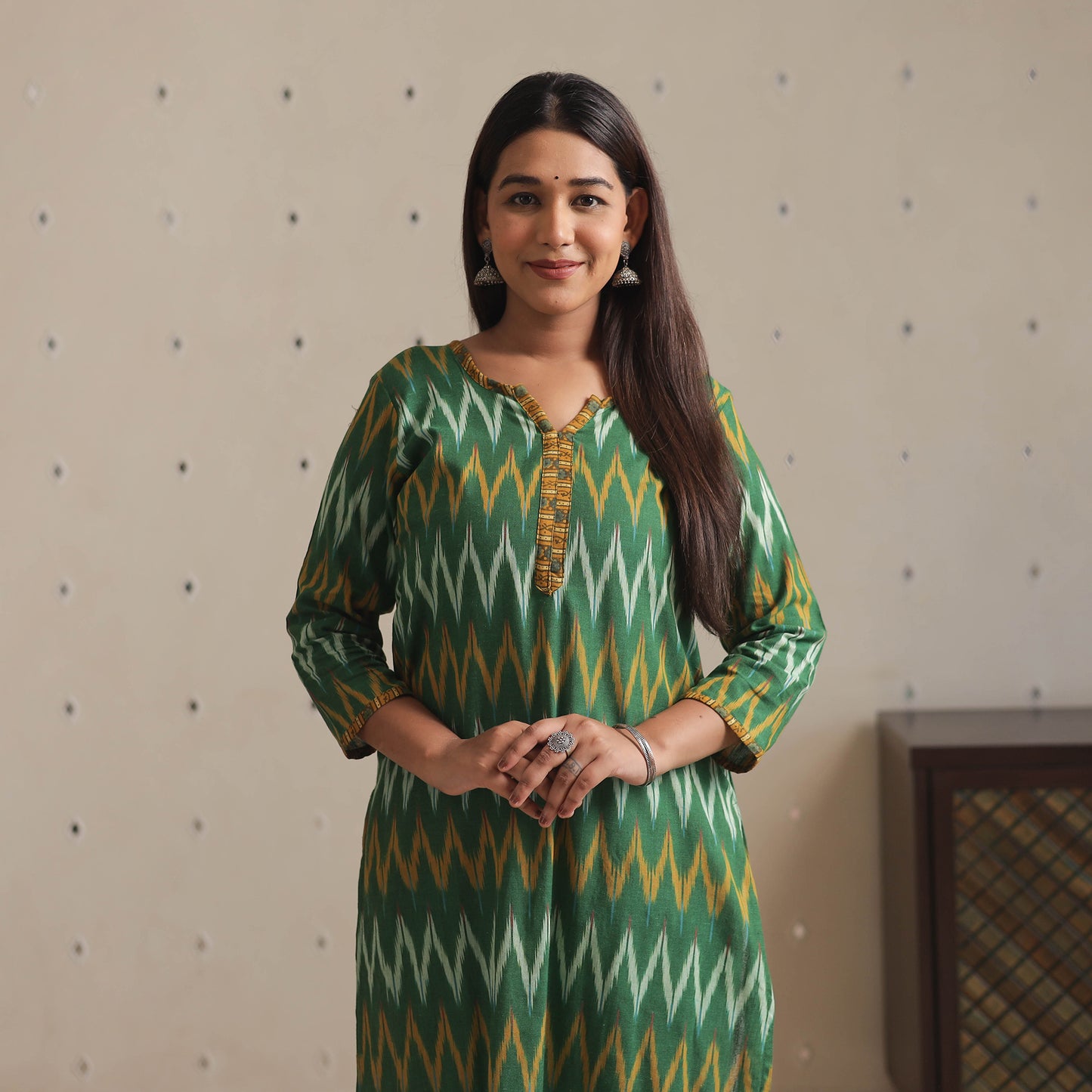 Green Yellow Pochampally Ikat Weave Cotton Long Kurta