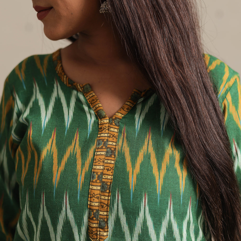 Green Yellow Pochampally Ikat Weave Cotton Long Kurta