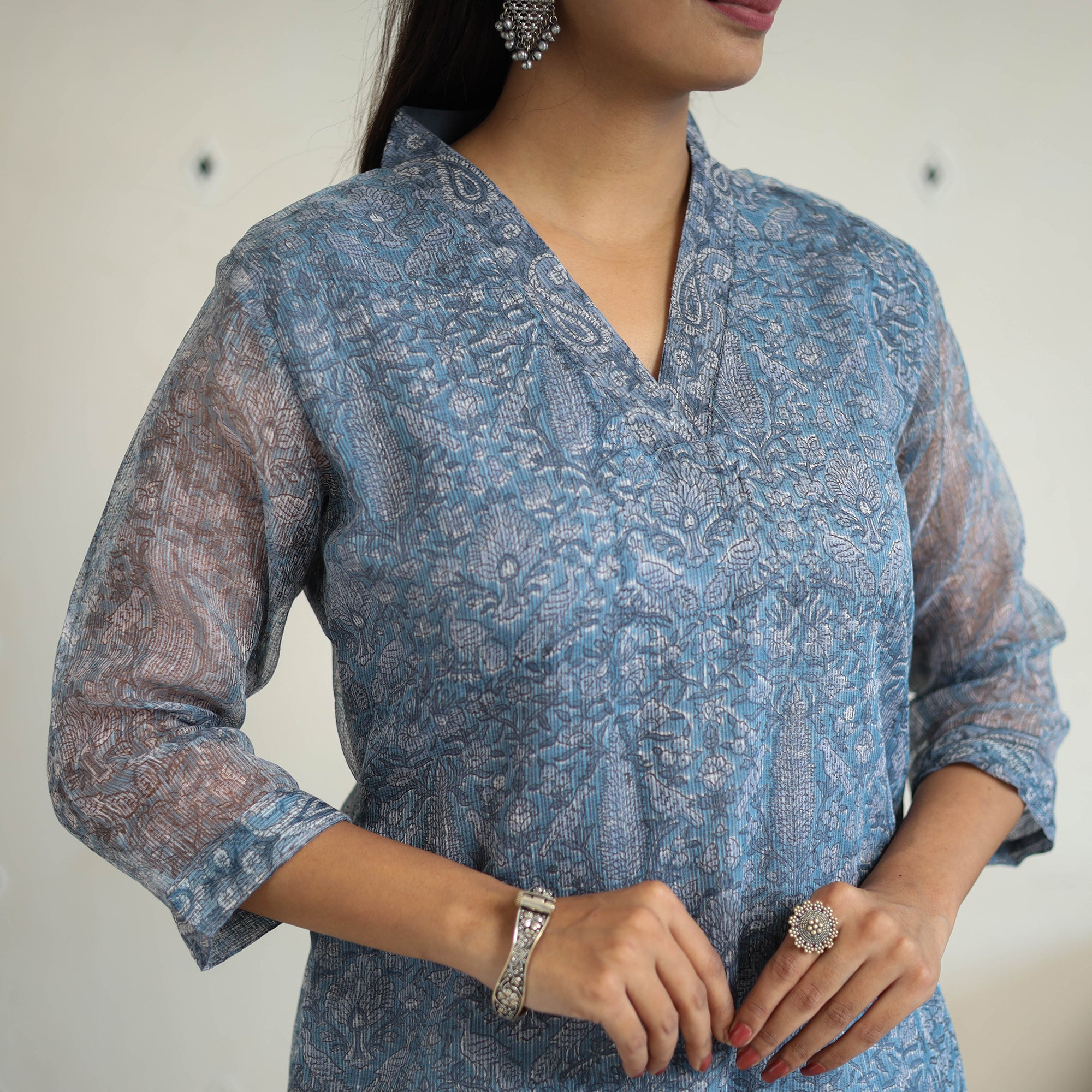 Blue Block Print Kota Doria Cotton Sanganeri Kurta Set (Set of 3) 