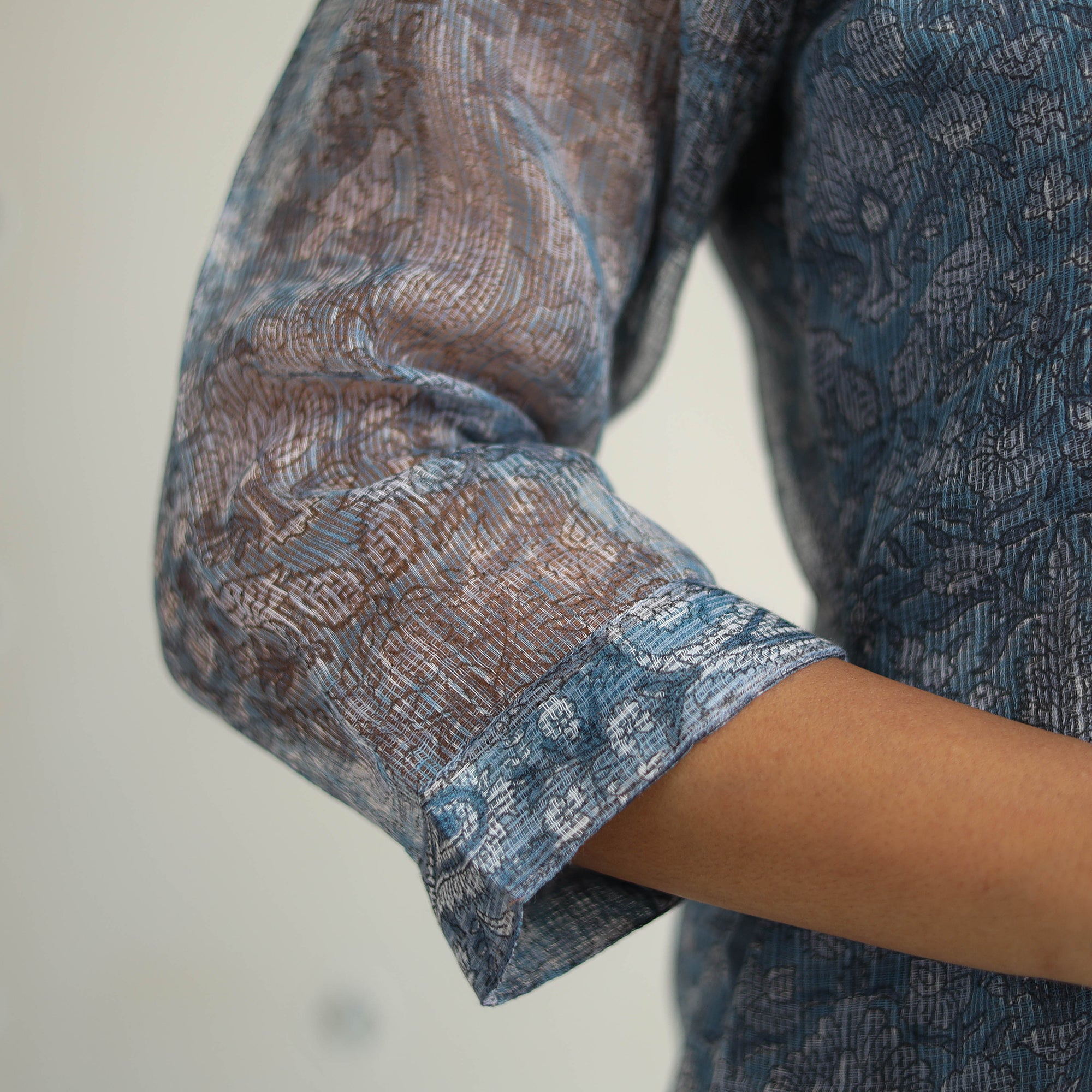 Blue Block Print Kota Doria Cotton Sanganeri Kurta Set (Set of 3) 