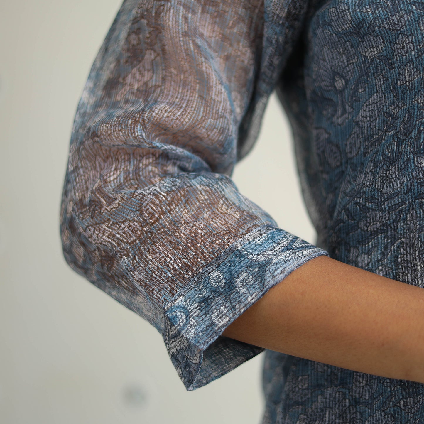 Blue Block Print Kota Doria Cotton Sanganeri Kurta Set (Set of 3) 