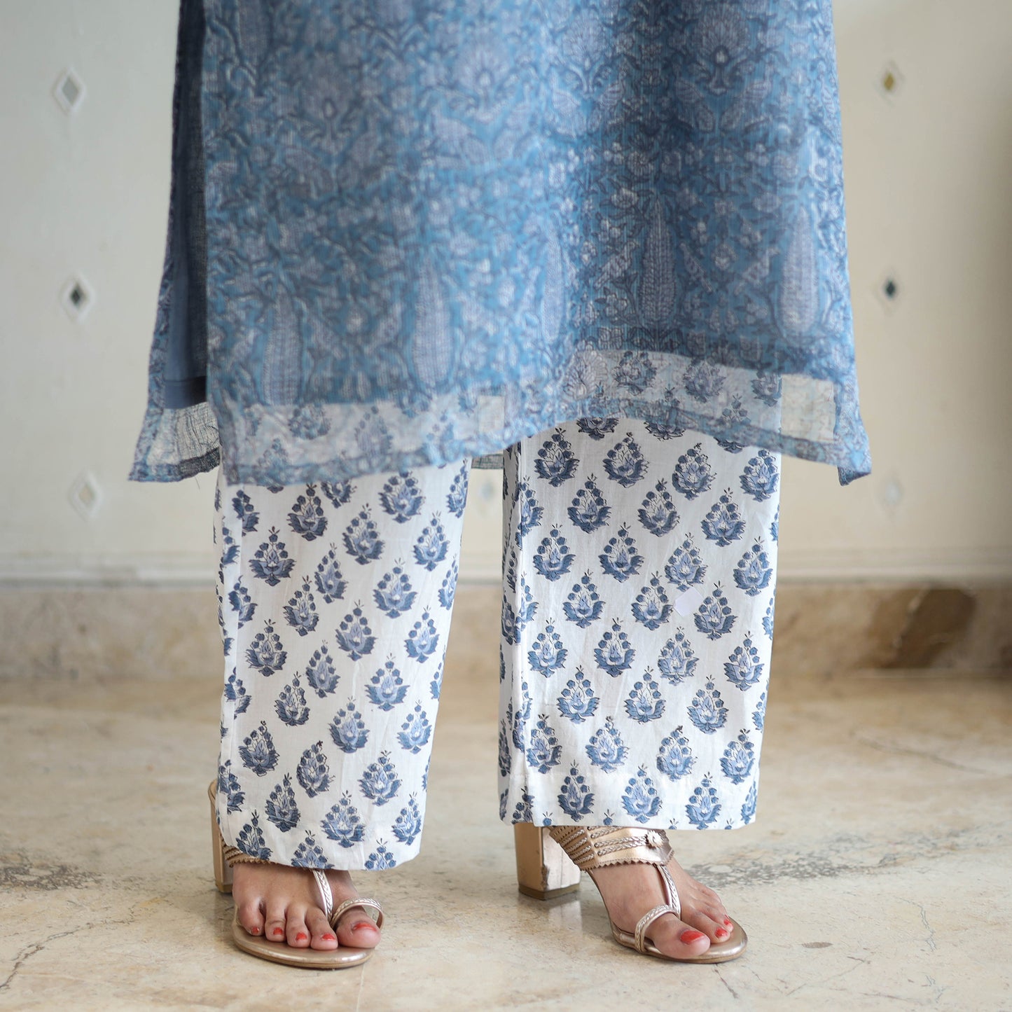 Blue Block Print Kota Doria Cotton Sanganeri Kurta Set (Set of 3) 