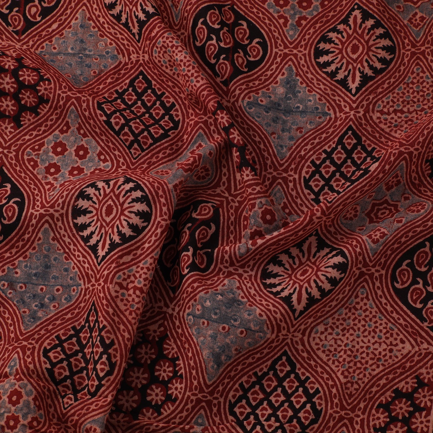 Red - Hand Block Ajrakh Print Natural Dyed Pure Mul Cotton Fabric 01