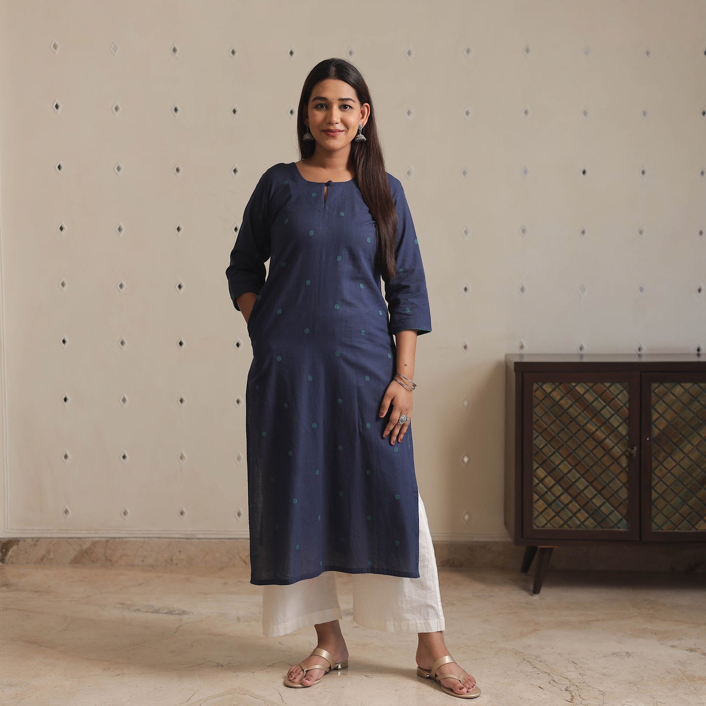 Navy Blue - Jacquard Cotton Straight Kurta 09