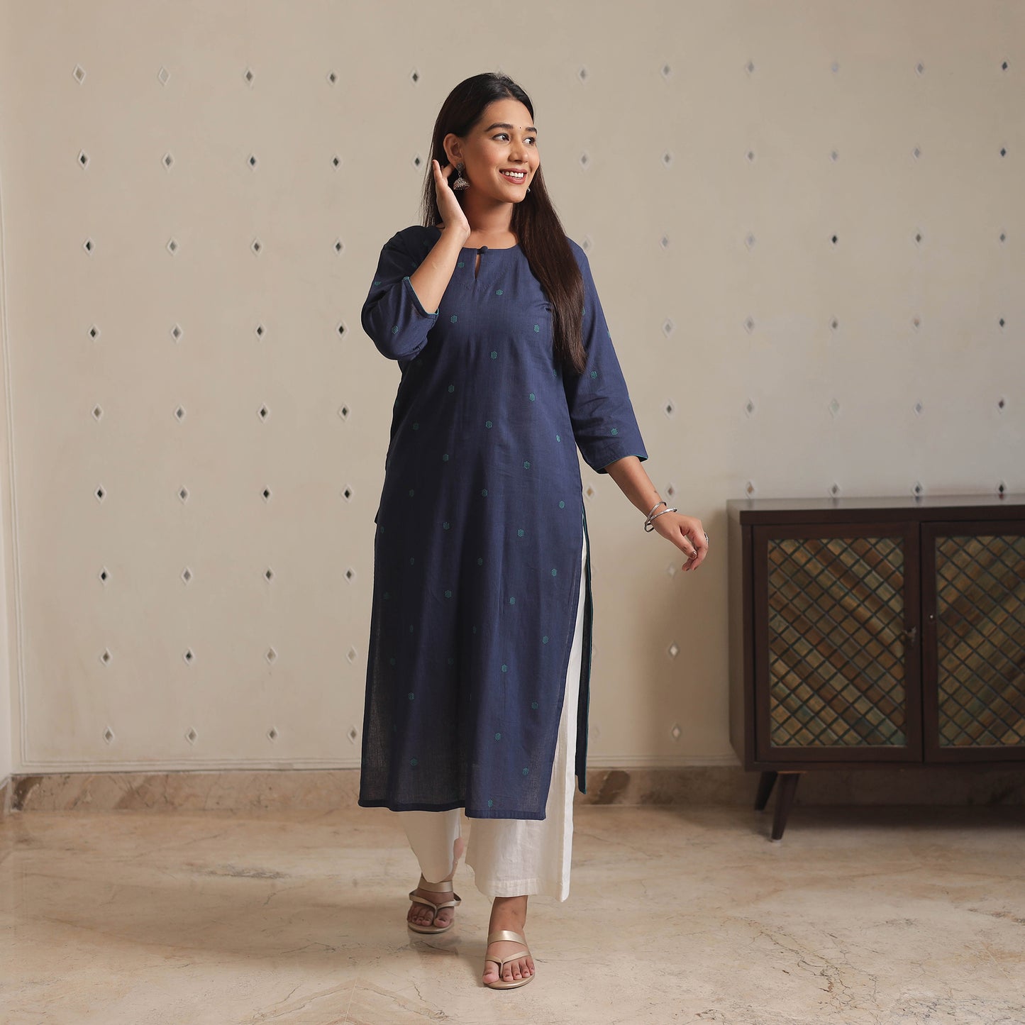 Navy Blue - Jacquard Cotton Straight Kurta 09