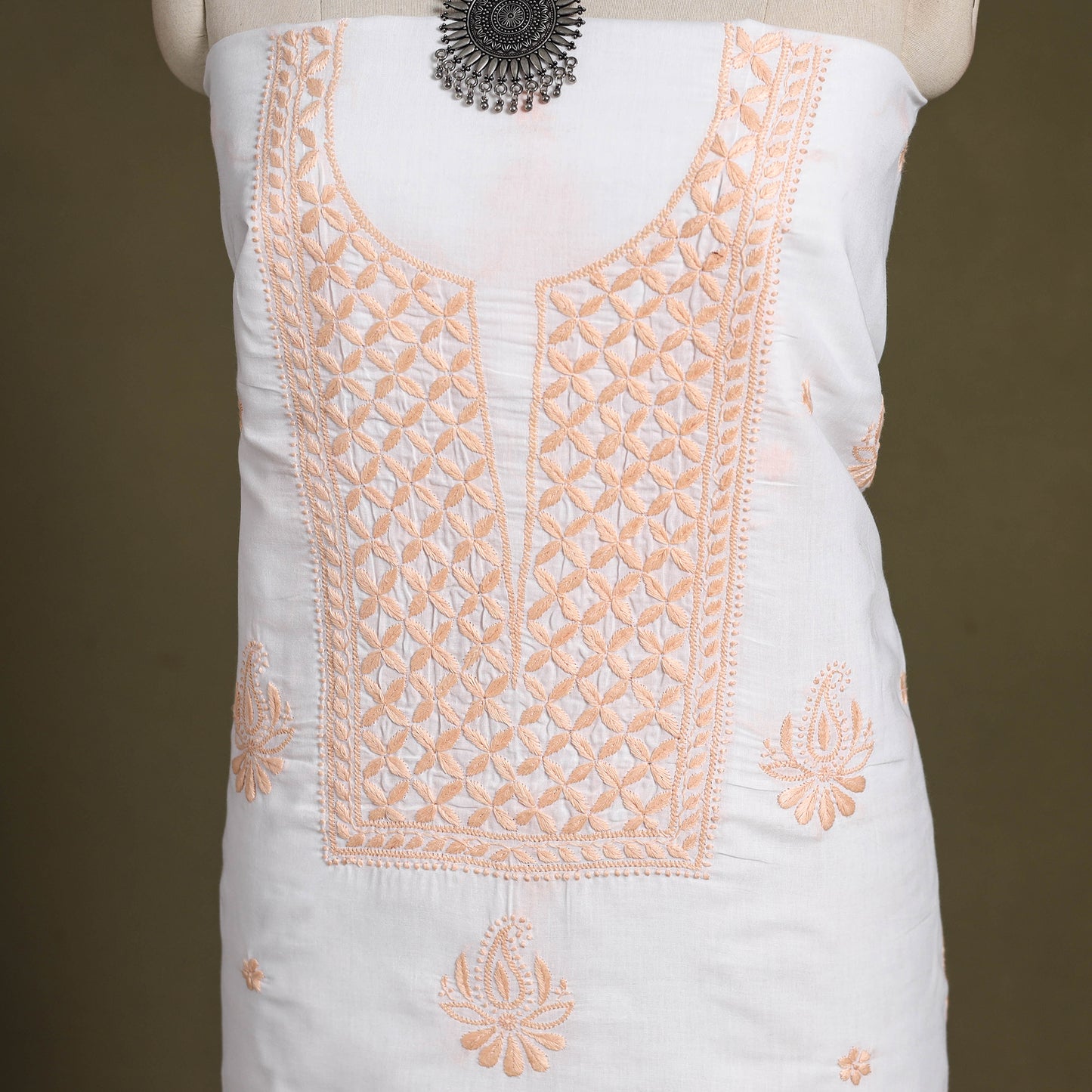 White - chikankari hand embroidery chanderi silk unstitched