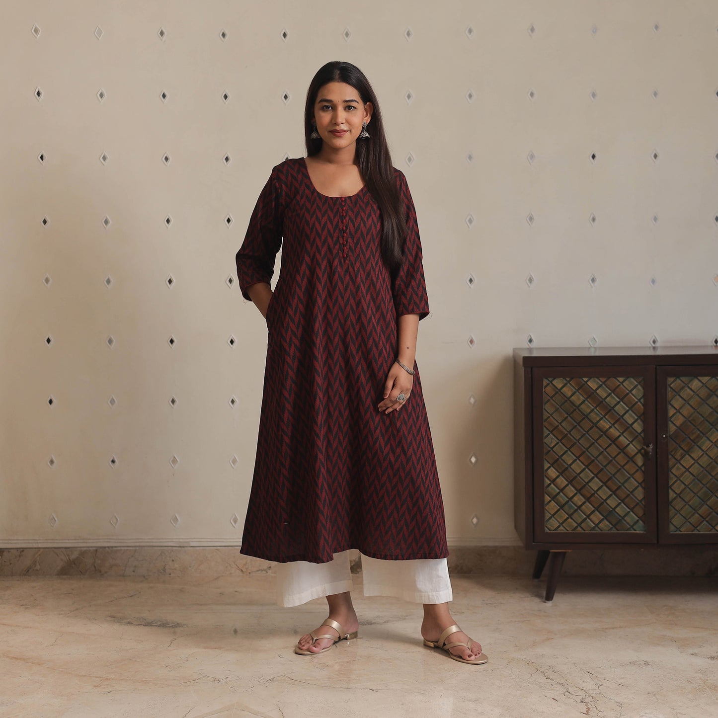 Red & Black - Jacquard Cotton A-Line Long Kurta