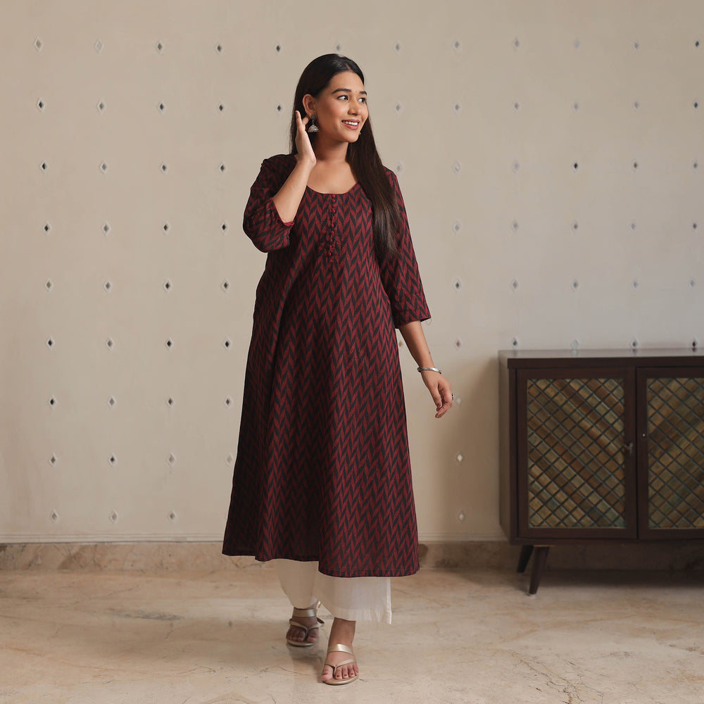 Red & Black - Jacquard Cotton A-Line Long Kurta