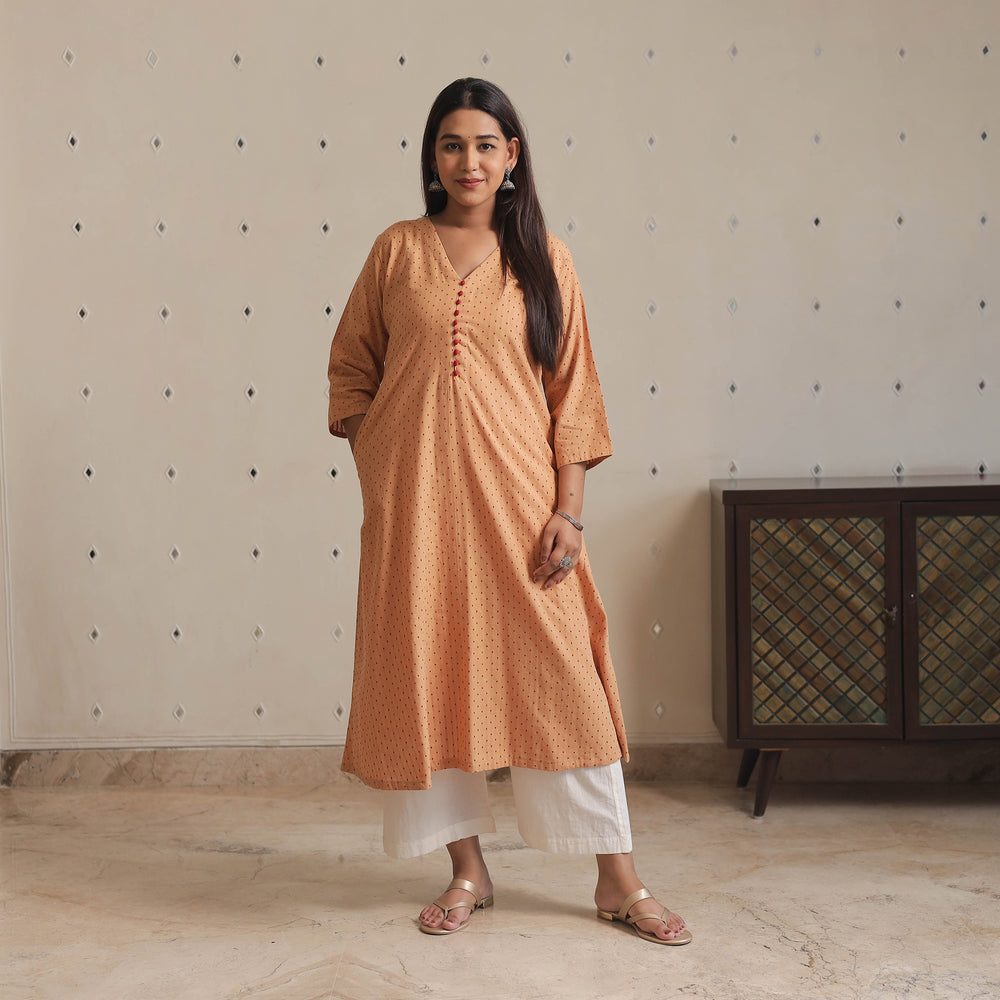 Beige - Jacquard Cotton A-Line Kurta 01