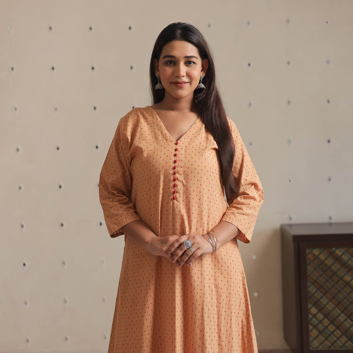 Beige - Jacquard Cotton A-Line Kurta 01