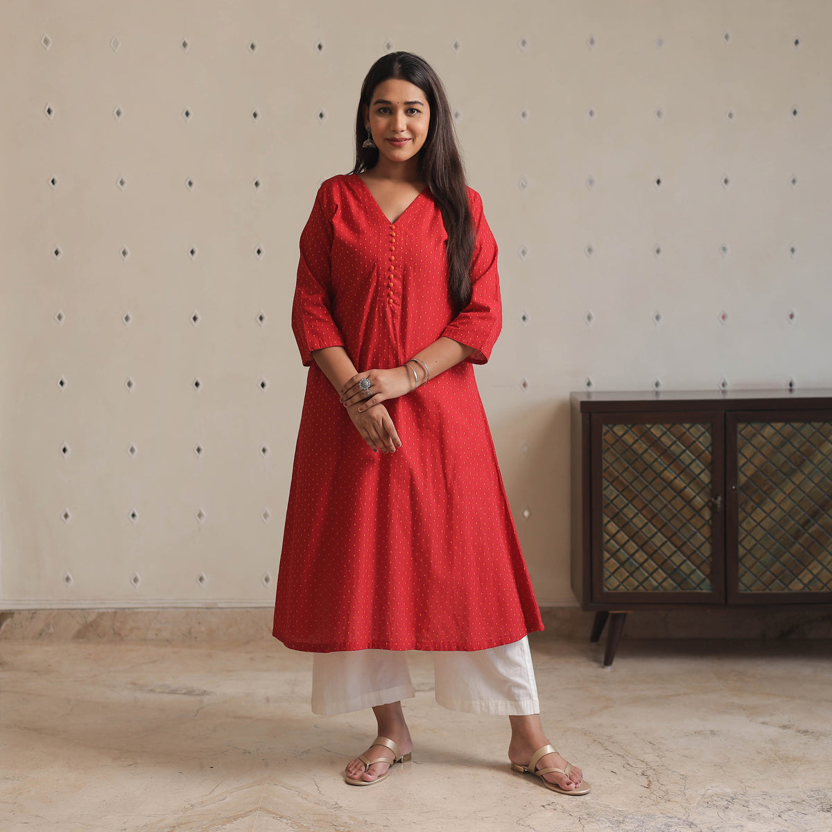 Red - Jacquard Cotton A-Line Kurta 02