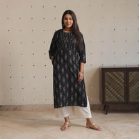 Black - Pochampally Ikat Weave Cotton Pintuck Long Straight Kurta 01