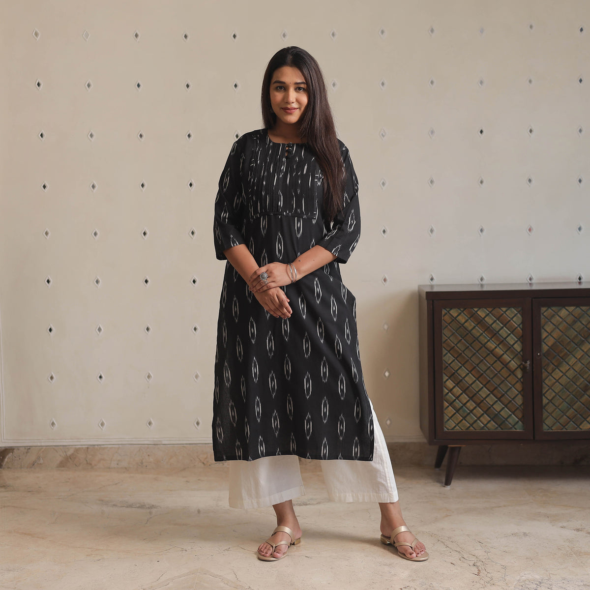 Black - Pochampally Ikat Weave Cotton Pintuck Long Straight Kurta 01