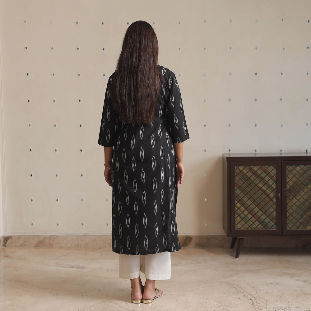 Black - Pochampally Ikat Weave Cotton Pintuck Long Straight Kurta 01