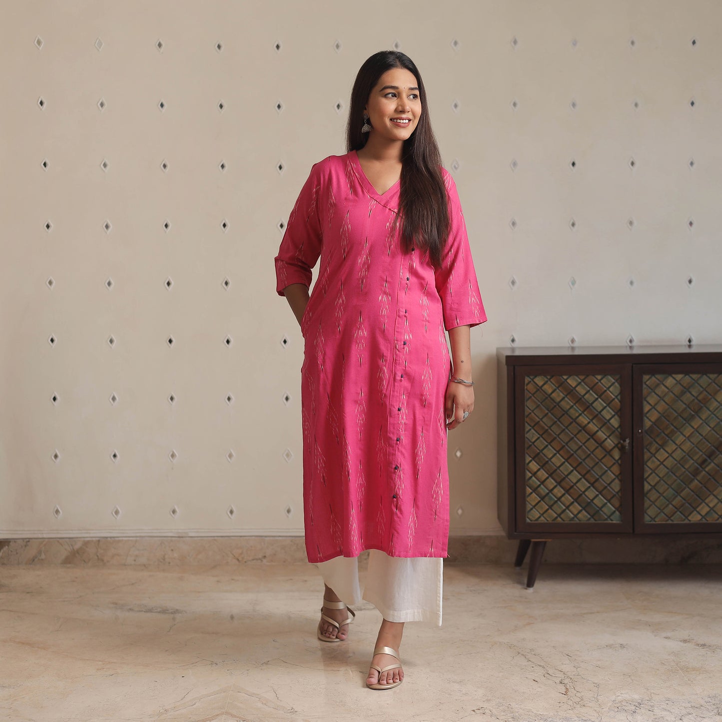 Dark Pink - Pochampally Ikat Weave Cotton Long Kurta