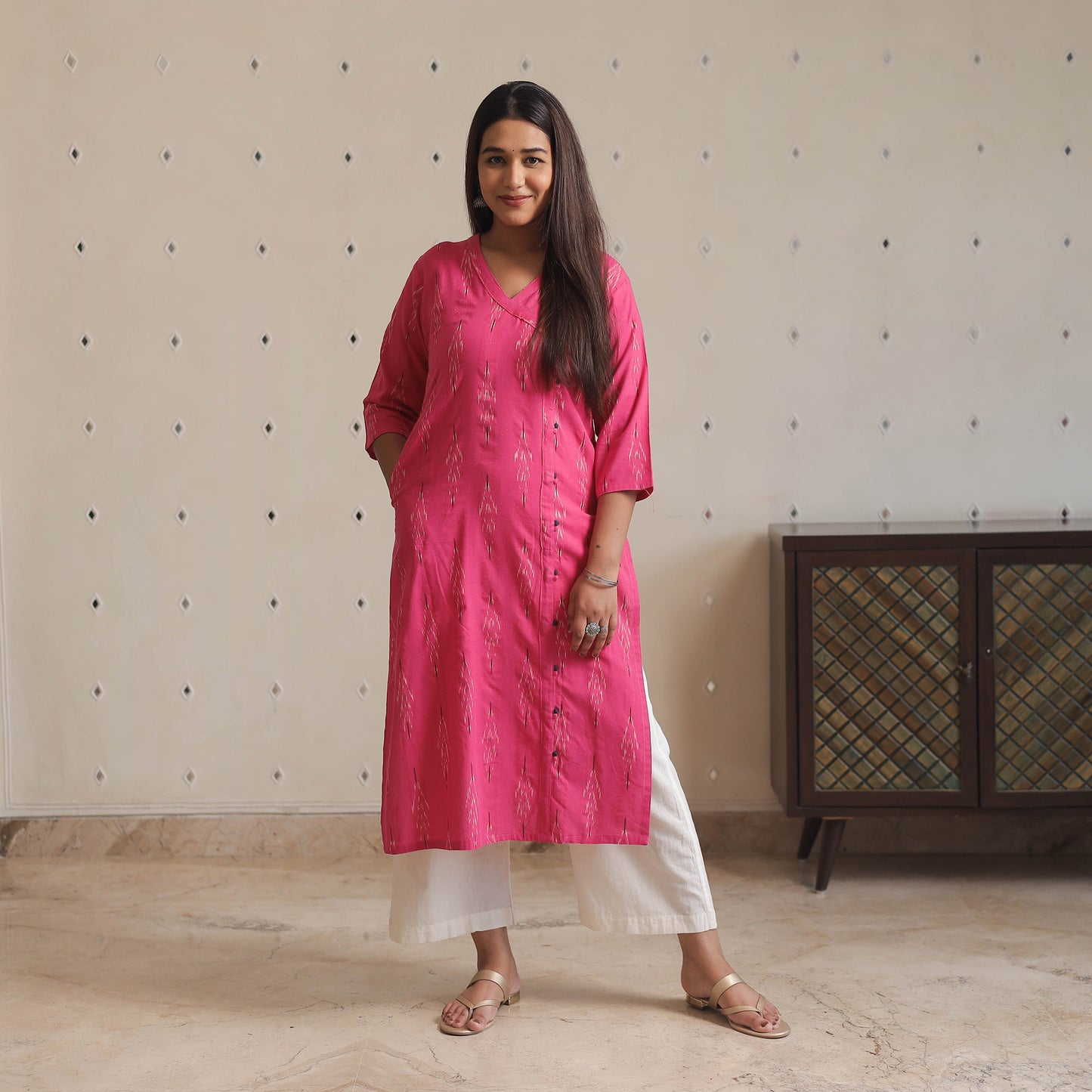 Dark Pink - Pochampally Ikat Weave Cotton Long Kurta