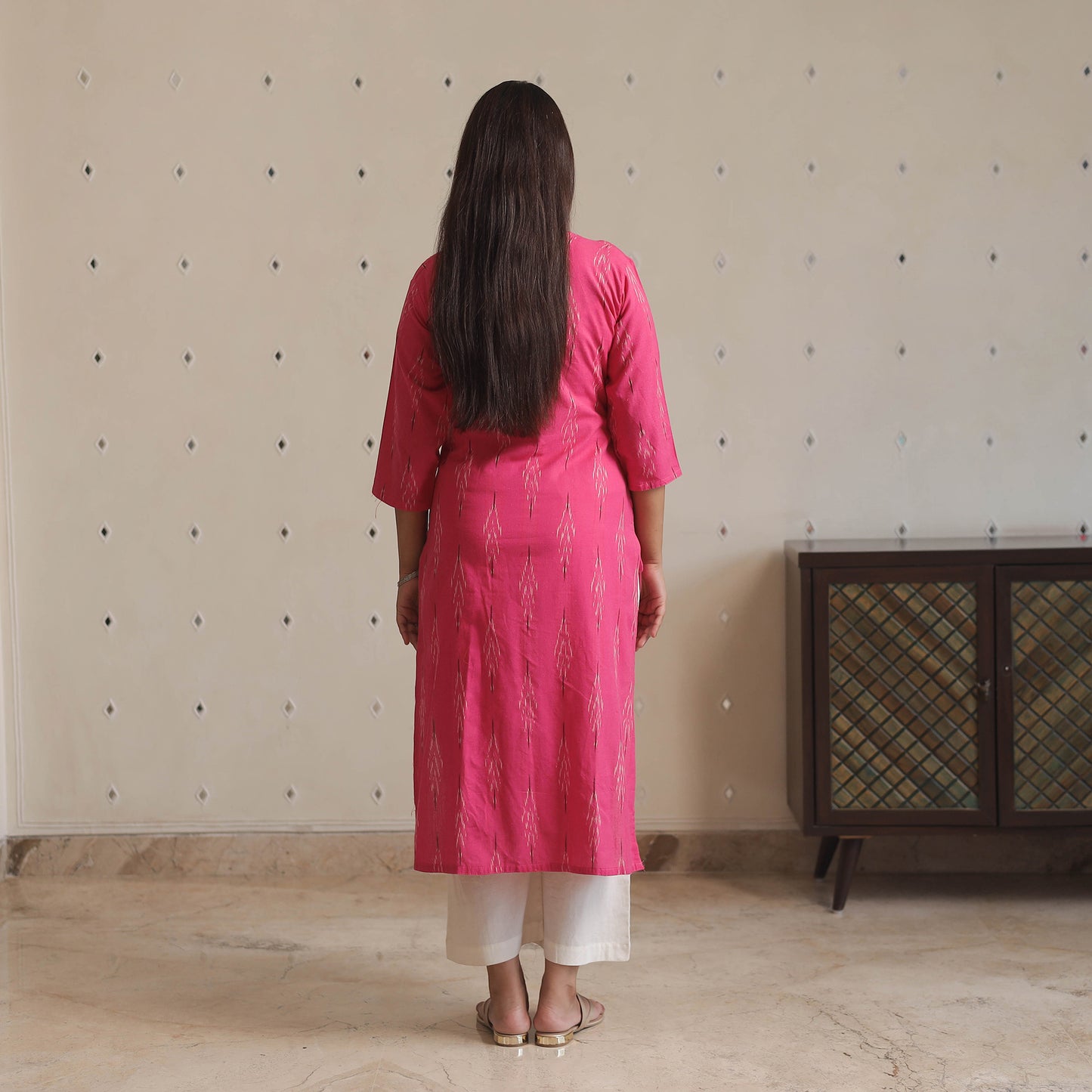 Dark Pink - Pochampally Ikat Weave Cotton Long Kurta