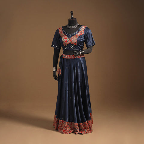 Blue Navratri Garba Chaniya Choli Set in Mashru Silk with Ajrakh Patch