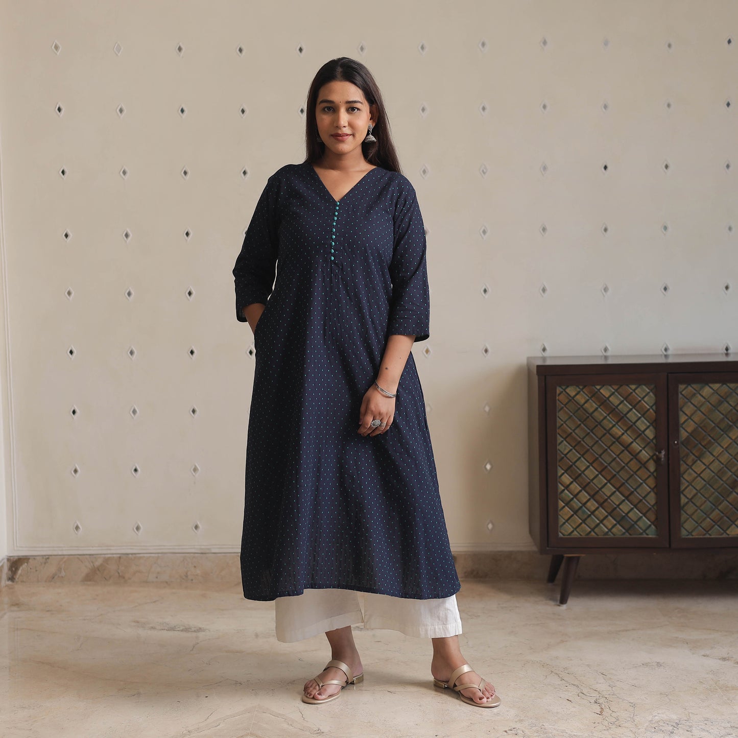 Navy Blue - Jacquard Cotton A-Line Kurta 03