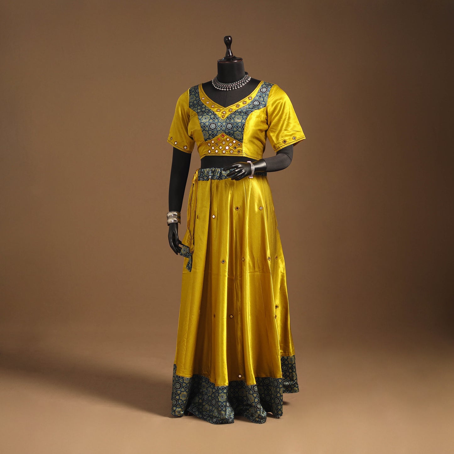 Yellow Navratri Garba Chaniya Choli Set in Mashru Silk with Ajrakh Patch
