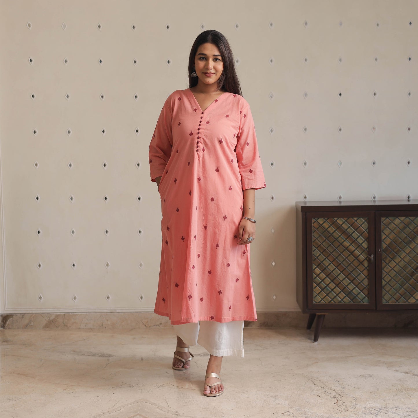 Baby Pink - Jacquard Cotton A-Line Kurta 04