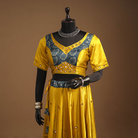 Yellow Navratri Garba Chaniya Choli Set in Mashru Silk with Ajrakh Patch