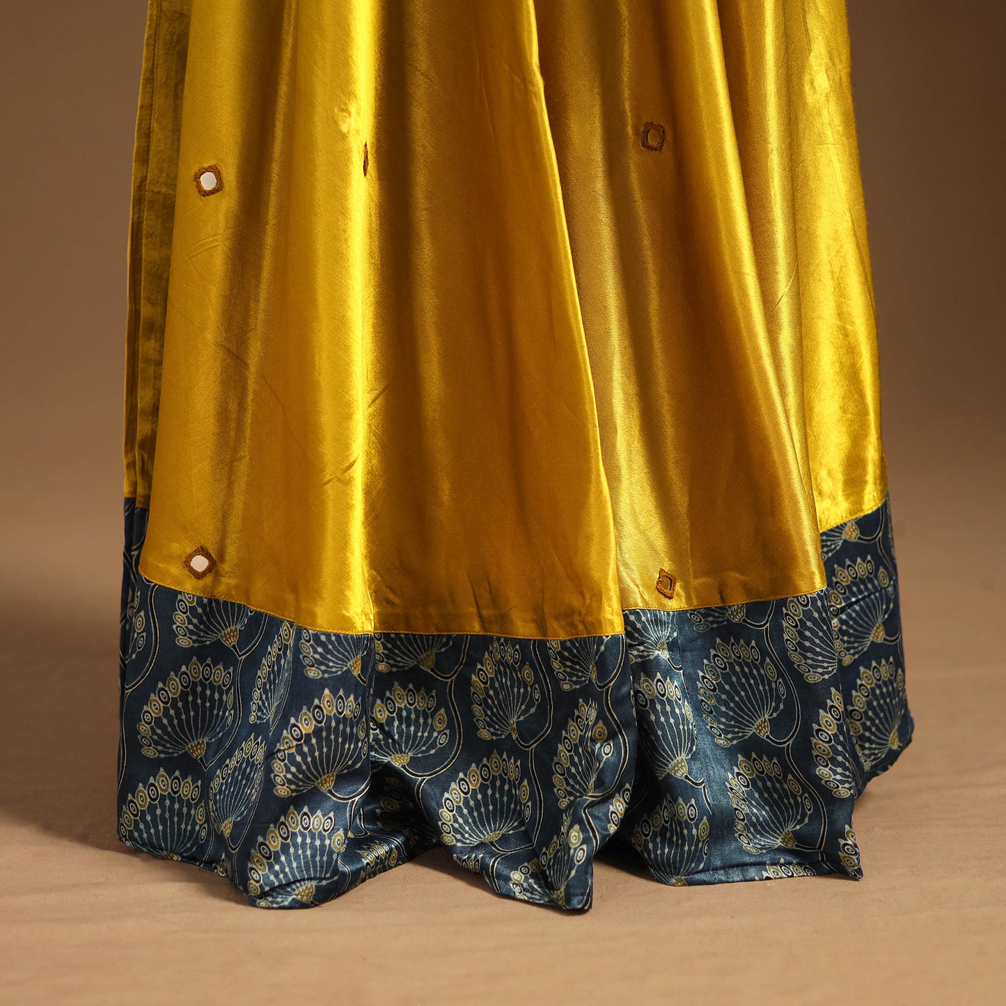 Yellow Navratri Garba Chaniya Choli Set in Mashru Silk with Ajrakh Patch