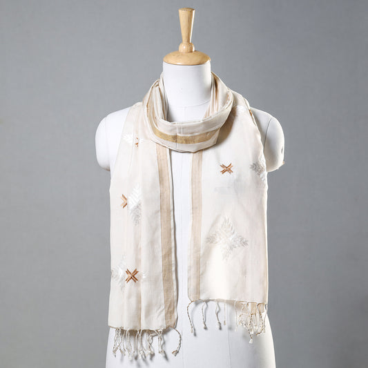 White - Phulkari Hand Embroidery Silk Handloom Stole