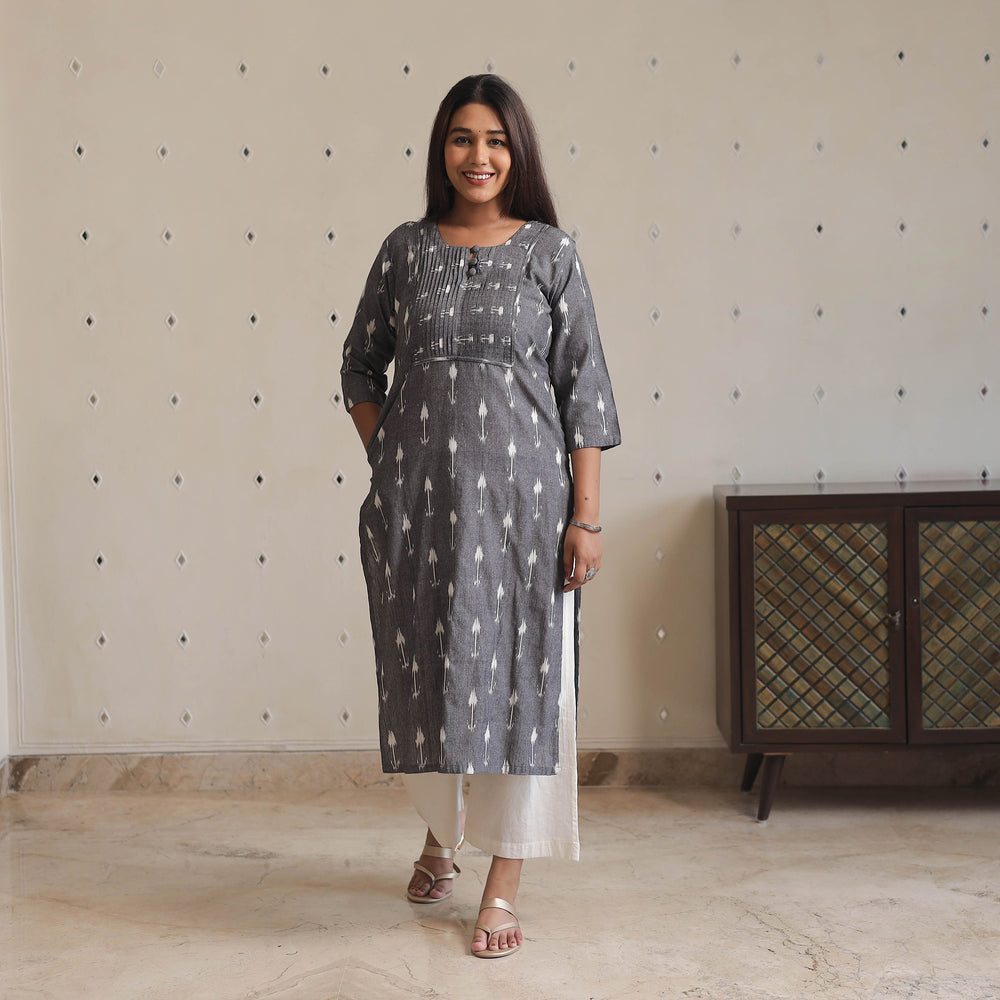 Grey - Pochampally Ikat Weave Cotton Long Straight Kurta 02