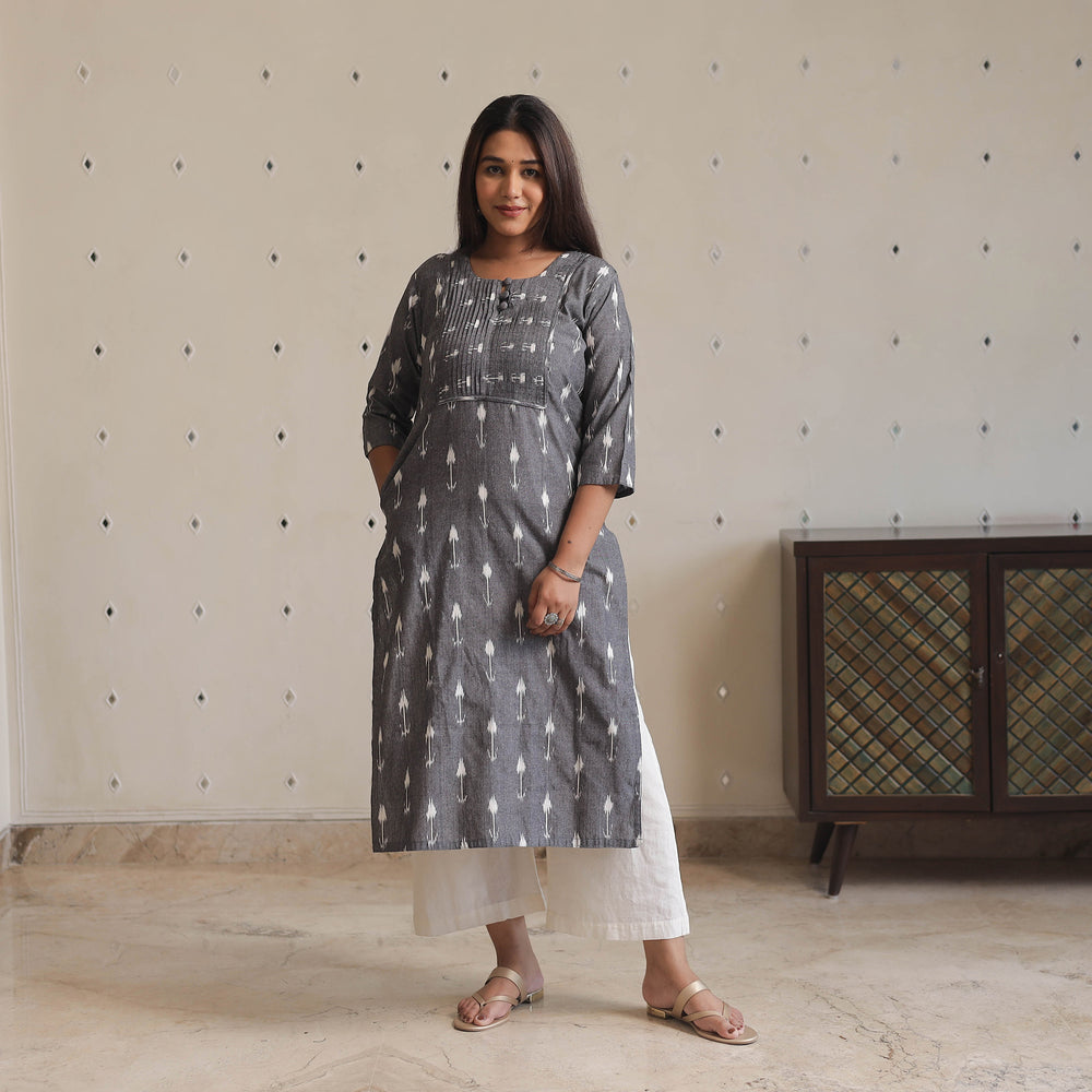 Grey - Pochampally Ikat Weave Cotton Long Straight Kurta 02