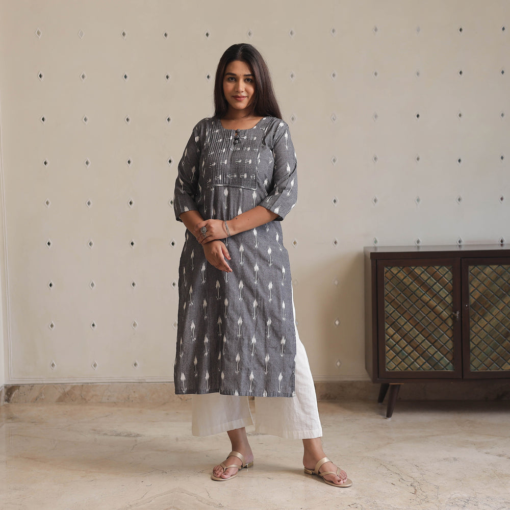 Grey - Pochampally Ikat Weave Cotton Long Straight Kurta 02