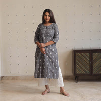 Grey - Pochampally Ikat Weave Cotton Long Straight Kurta 02