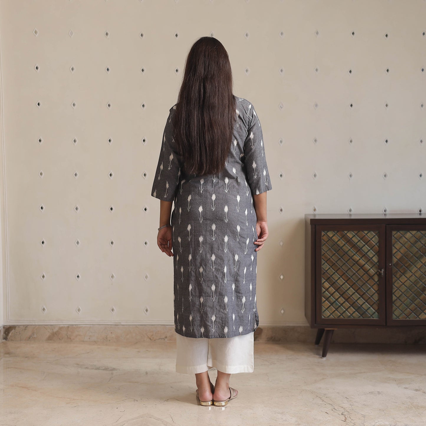 Grey - Pochampally Ikat Weave Cotton Long Straight Kurta 02