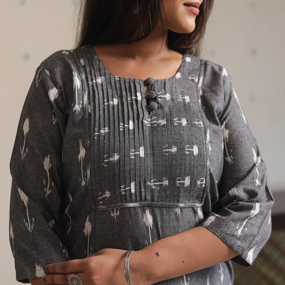 Grey - Pochampally Ikat Weave Cotton Long Straight Kurta 02