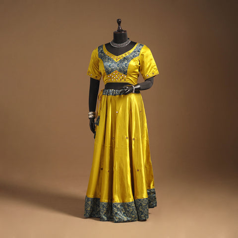 Yellow Navratri Garba Chaniya Choli Set in Mashru Silk with Ajrakh Patch