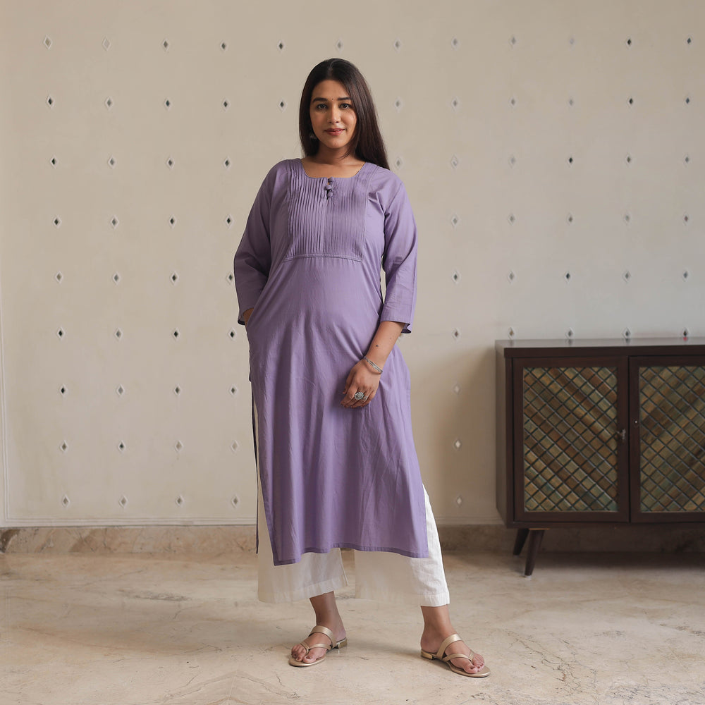 Light Purple - Plain Cotton Long Straight Kurta